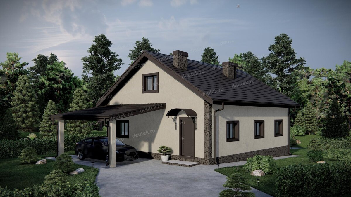 Проект одноэтажного дома 100 м2 с навесом для автомобиля