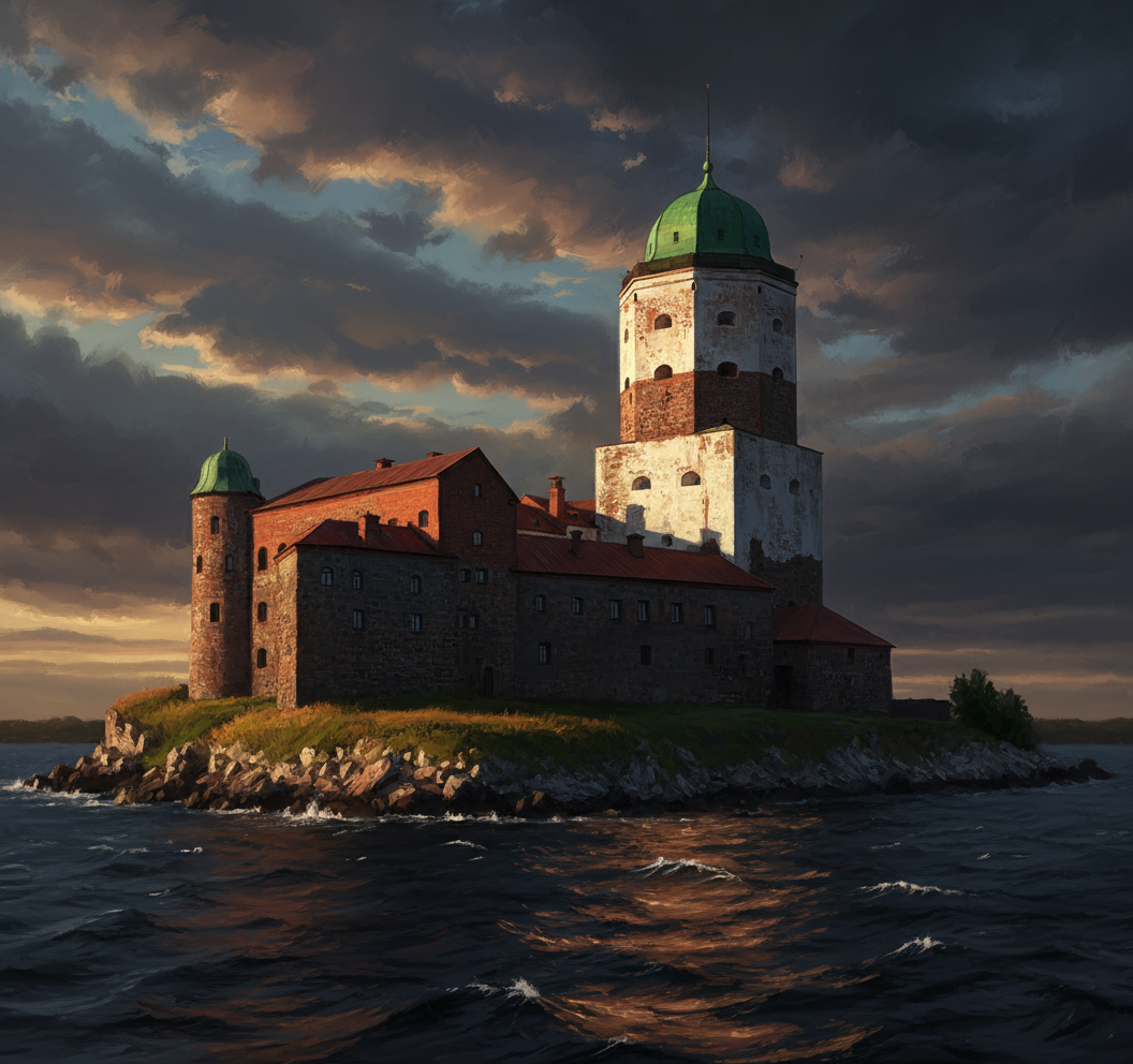 Художественная интерпретация средневекового замка на острове
