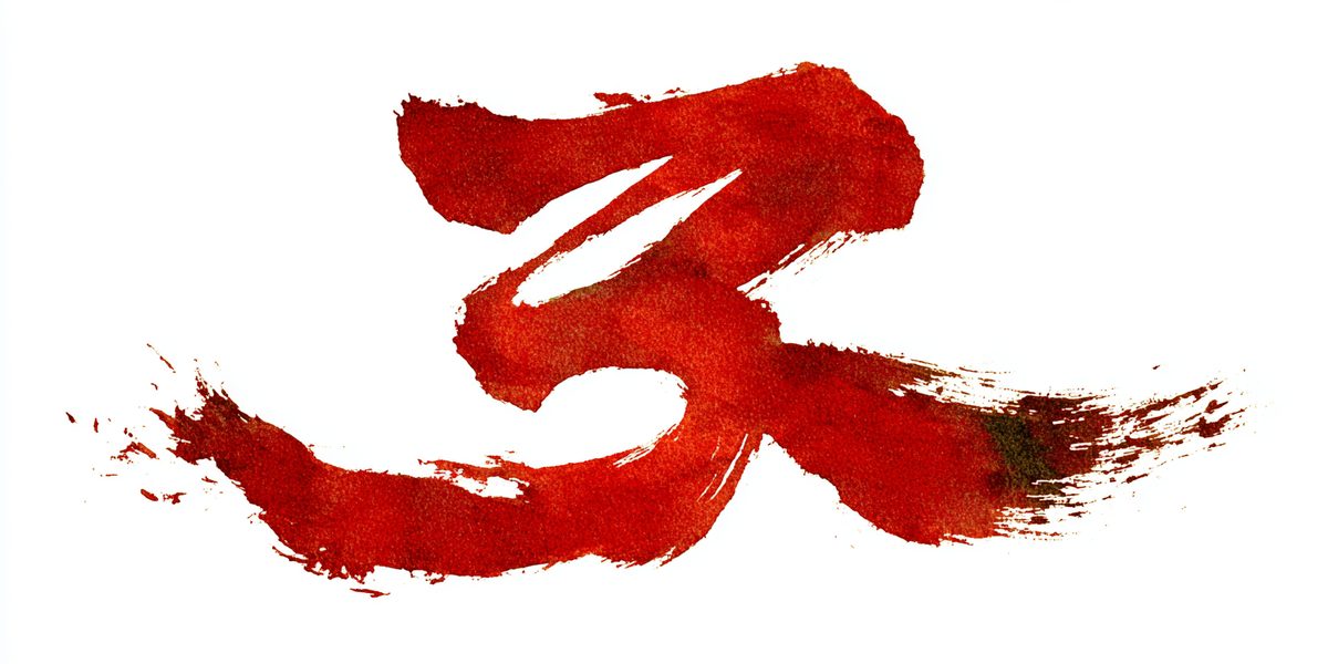 "Каллиграфический иероглиф «три» (三, sān), написанный красной тушью. Символизирует третью часть гайда по китайскому языку — разговор об акценте, уверенности и историях учеников."