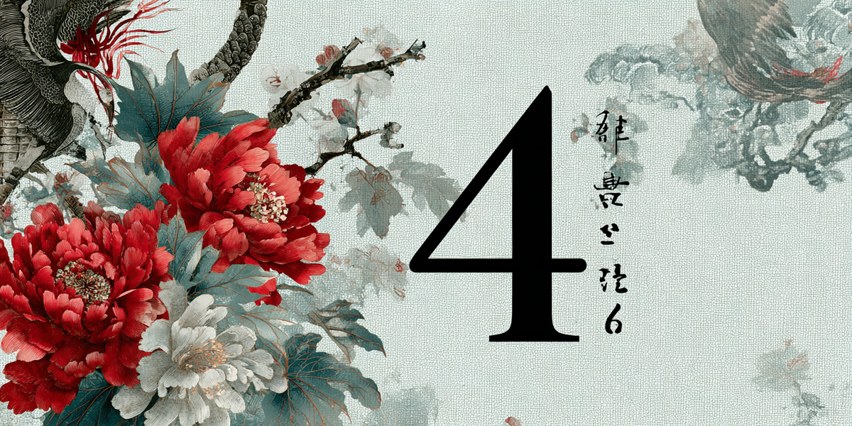 "Изящная композиция с цифрой «4» на фоне красных пионов и традиционных китайских узоров. Символизирует четвёртую часть гайда по китайскому языку — подведение итогов и практические советы для ежедневных занятий."