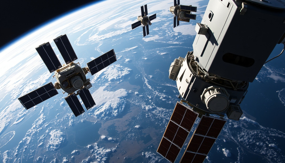    Изображение спутников в земном космическом пространстве на фоне Земли.