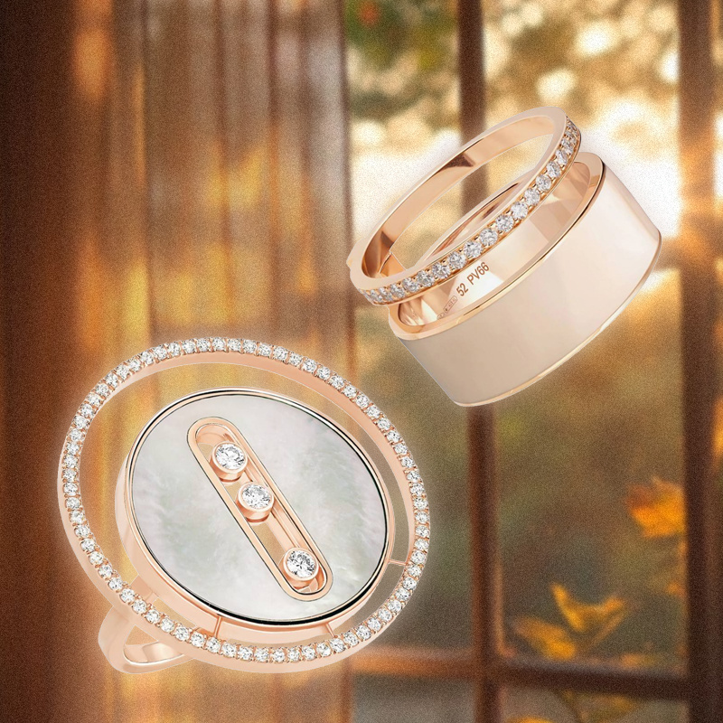 Кольца Messika Lucky Move из розового золота с перламутром и бриллиантами и Repossi Berbere Chromatic из розового золота с бриллиантами и эмалью