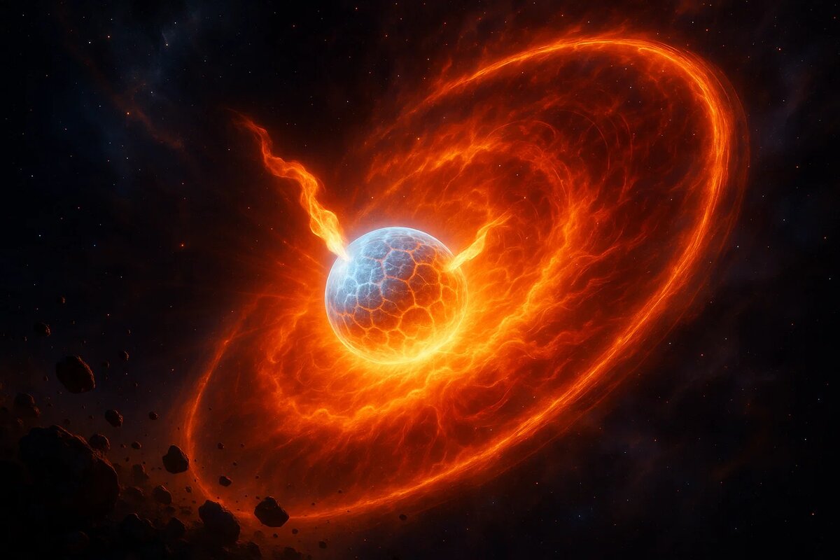 Ослепительная вспышка в глубинах космоса: белый карлик превращается в сверхновую. Идеально сферическая ударная волна из раскалённой плазмы стремительно расширяется, разрывая звезду изнутри. Момент космической катастрофы, который служит ключом к измерению Вселенной.