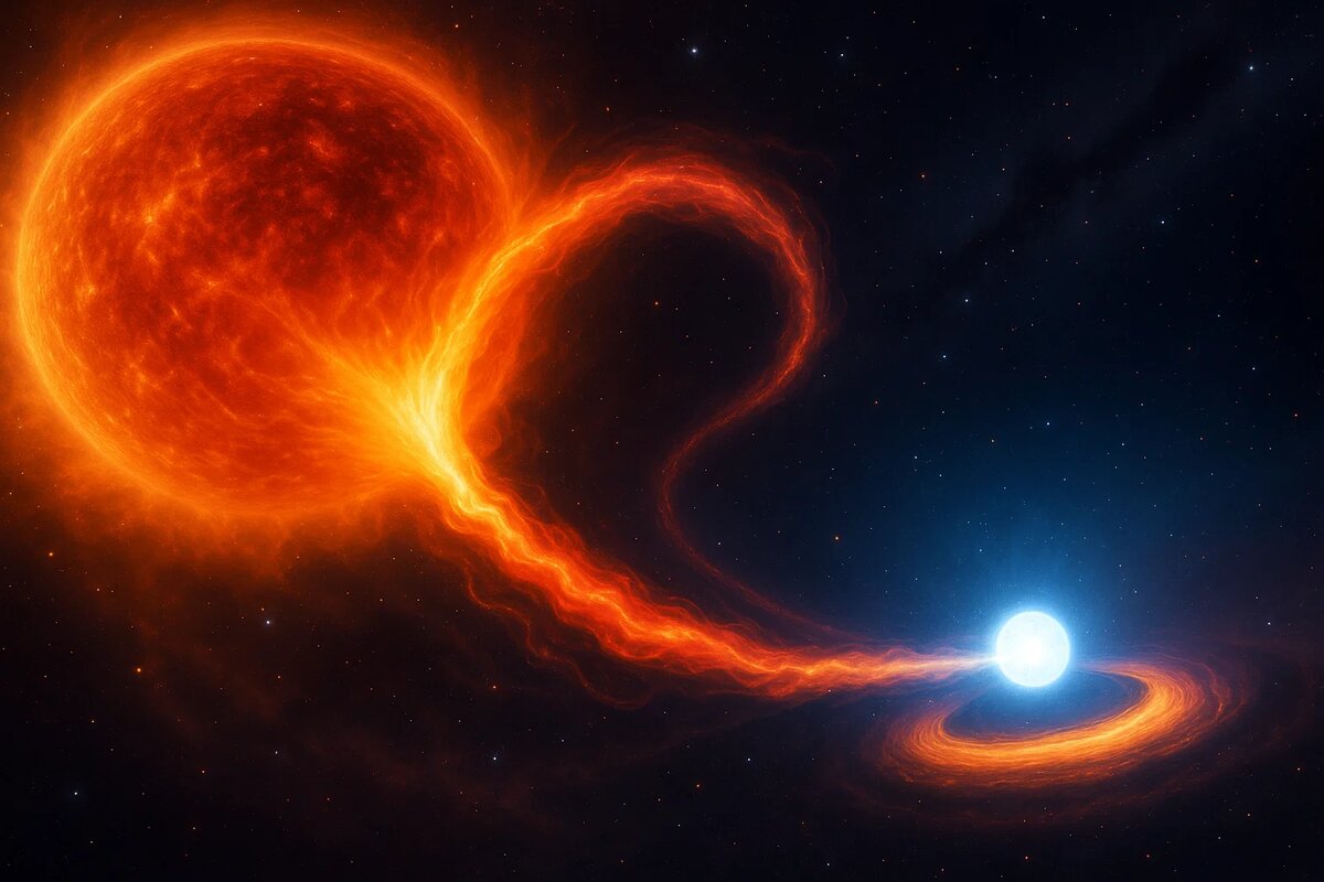 Драматичный момент в двойной звёздной системе. Красный гигант теряет вещество, которое по спирали перетекает на маленький, но ненасытный белый карлик, образуя вокруг него яркий аккреционный диск. Тикающие часы, отсчитывающие время до взрыва.