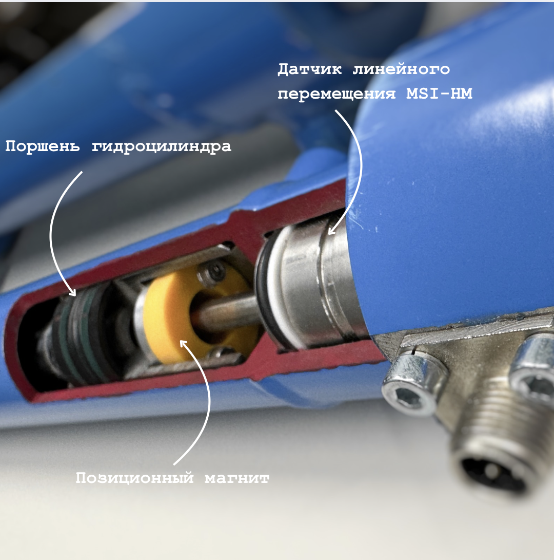 Гидроцилиндр со встраиваемым датчиком линейного перемещения. На данном фото датчик серии MSI-HM