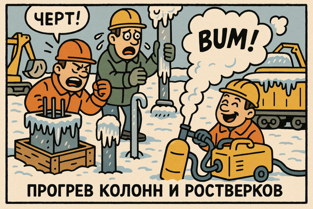    На изображении показаны советы по прогреву колонн и ростверков для эффективной работы в зимних условиях.