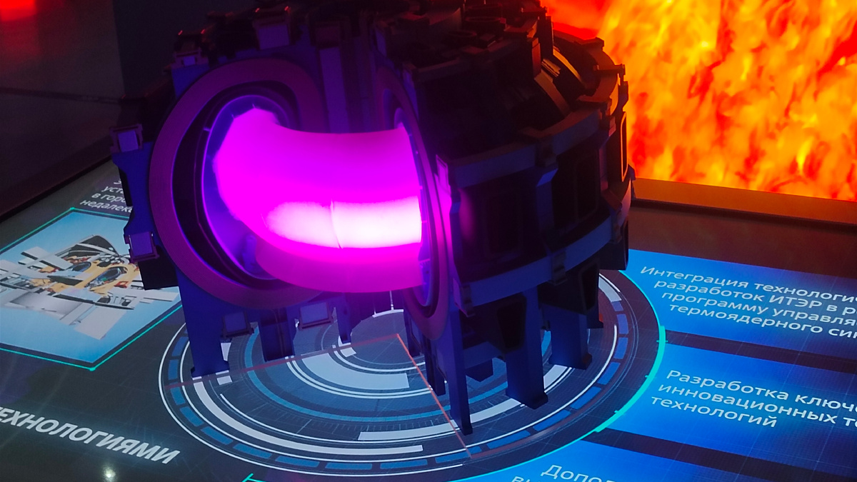 Модель токамака в разрезе. Вакуумная камера в форме бублика, магнитные катушки, индуктор и соленоид. А то, что светится — это плазма.