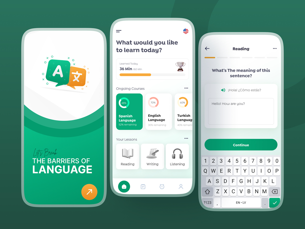 Три экрана смартфона на зеленом фоне, показывающие современное ИИ-приложение для изучения языков.