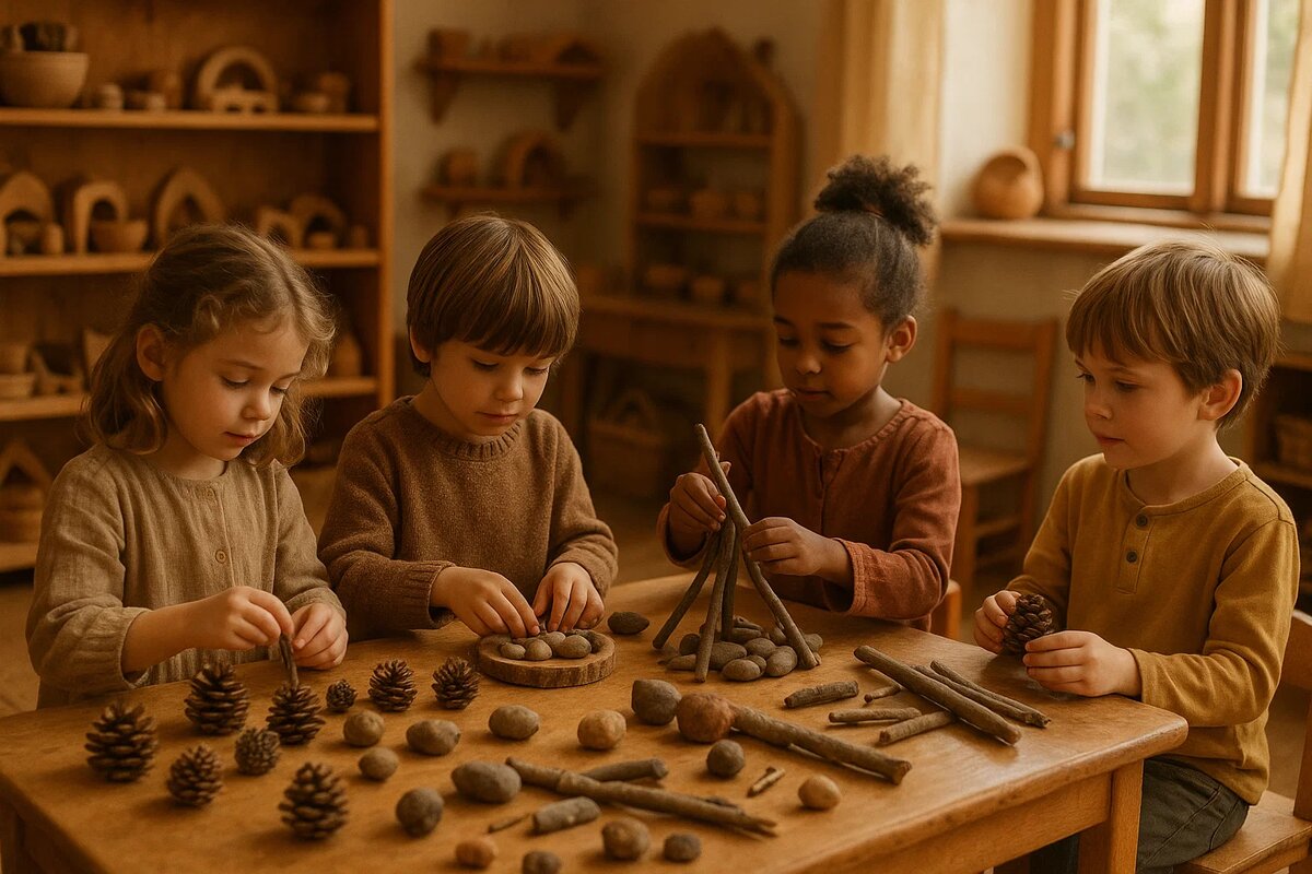Дети играют с природными материалами - шишками, палочками, камнями в уютном классе вальдорфской школы