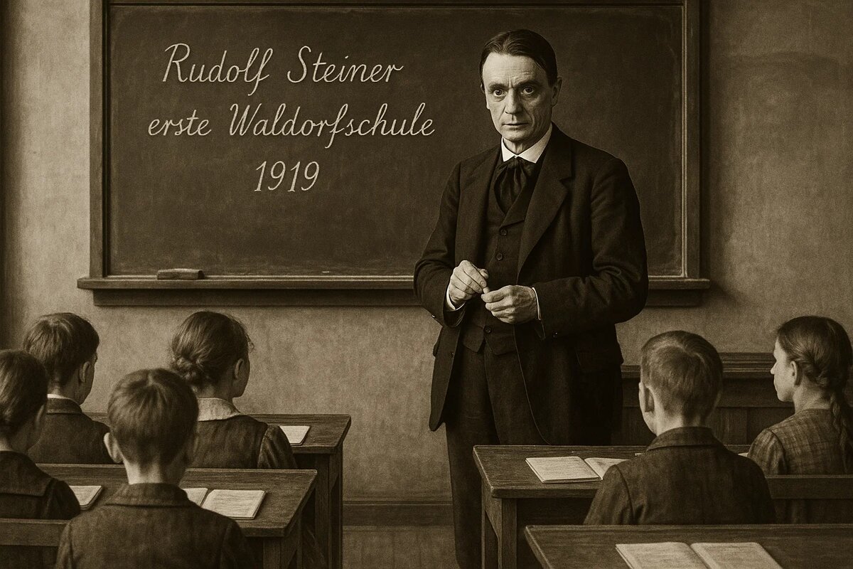 Черно-белое фото Рудольфа Штайнера в классе первой вальдорфской школы, 1919 год, создано с помощью ИИ