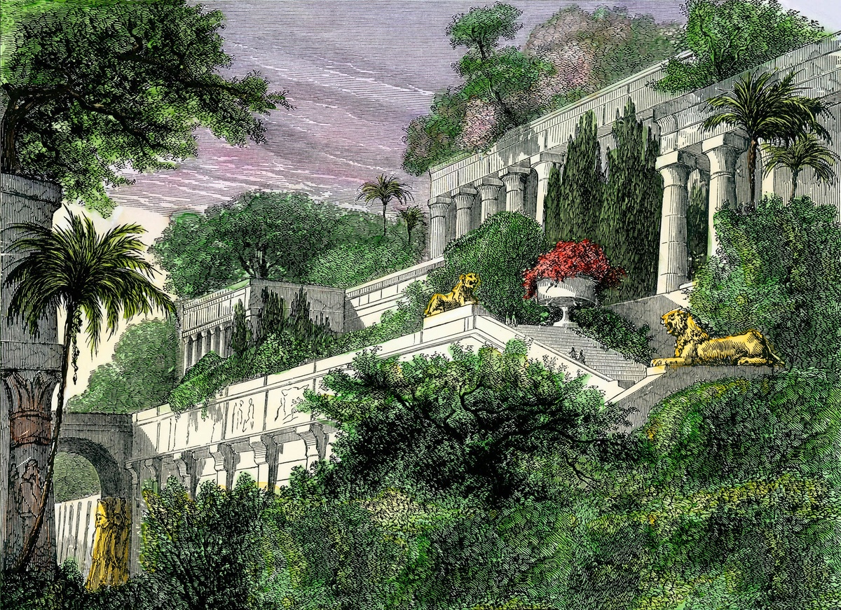 На иллюстрации представлена ксилография (гравюра на дереве) с изображением Висячих садов Семирамиды в Древнем Вавилоне, которые являются одним из семи чудес света. Наглядный пример террасных садов. ©North Wind Picture Archives/Alamy 