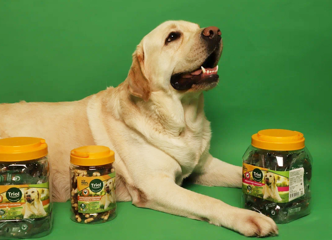 На фото — пикантные сосиски и кальцинированные косточки от бренда Triol. Миниатюрные лакомства упакованы в индивидуальные обертки, благодаря чему их удобно брать на тренировку, не опасаясь, что угощение испачкает карманы.