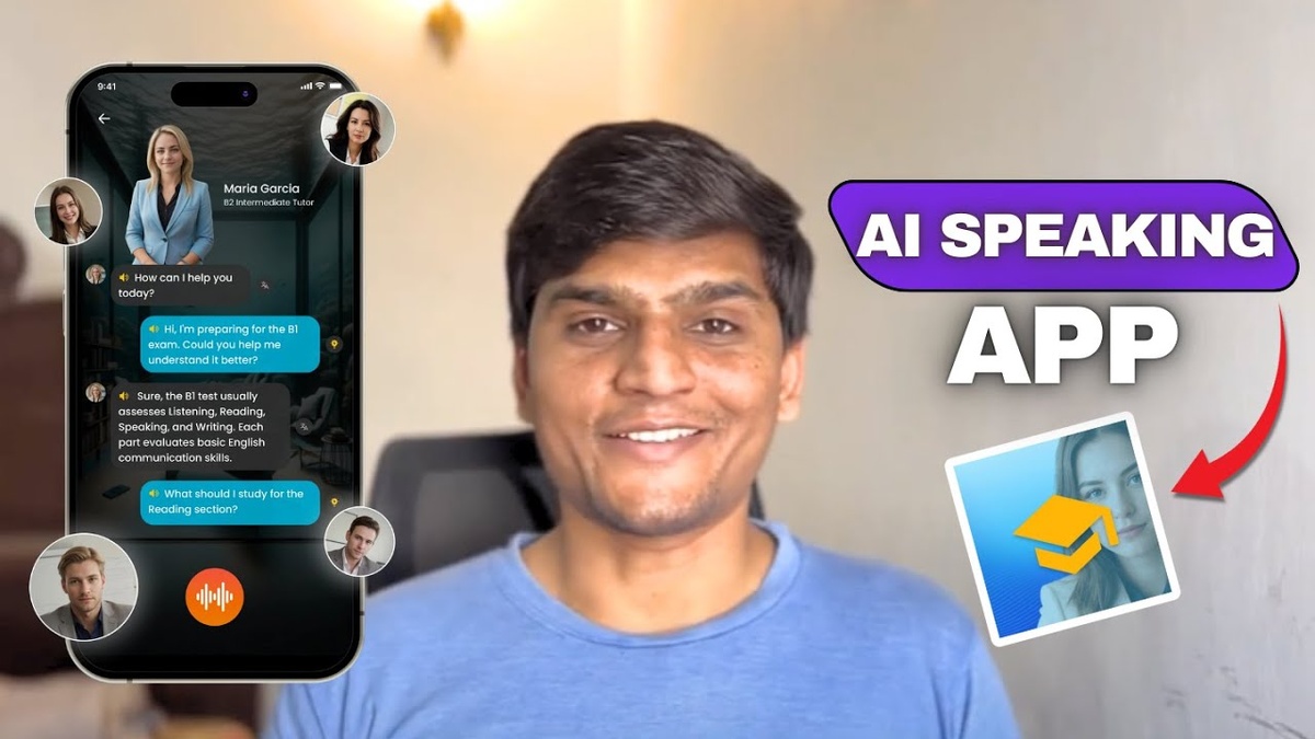 Человек использует мобильное приложение ИИ-репетитора для практики речи.