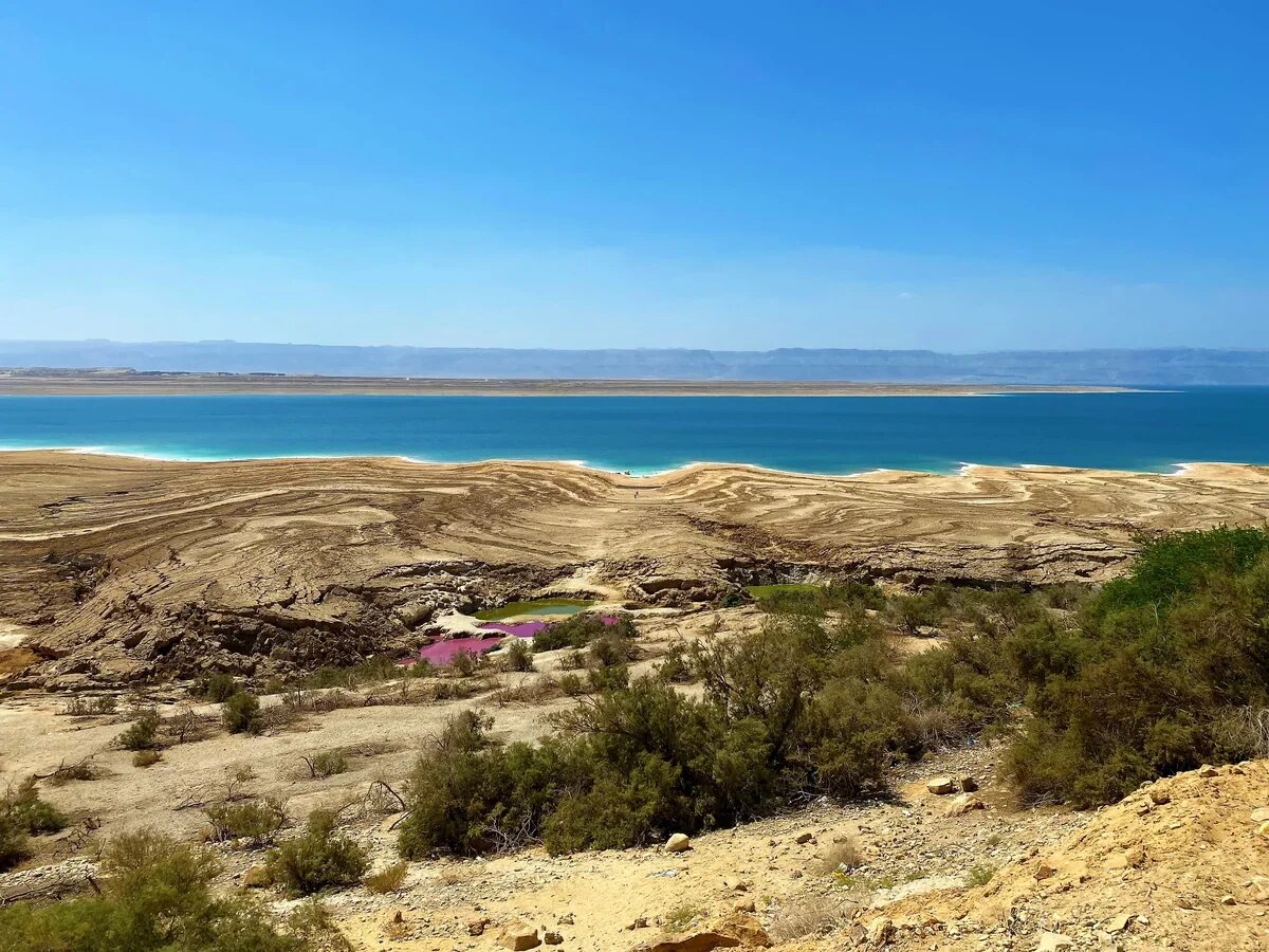    Мертвое море с ярко-розовым и зеленым озерами-спутниками в Иордании. Фото: АТОР