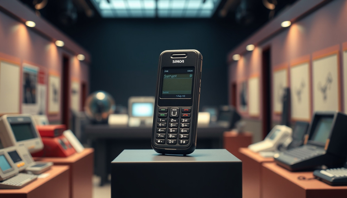    Первый смартфон IBM Simon на фоне выставки технологии.