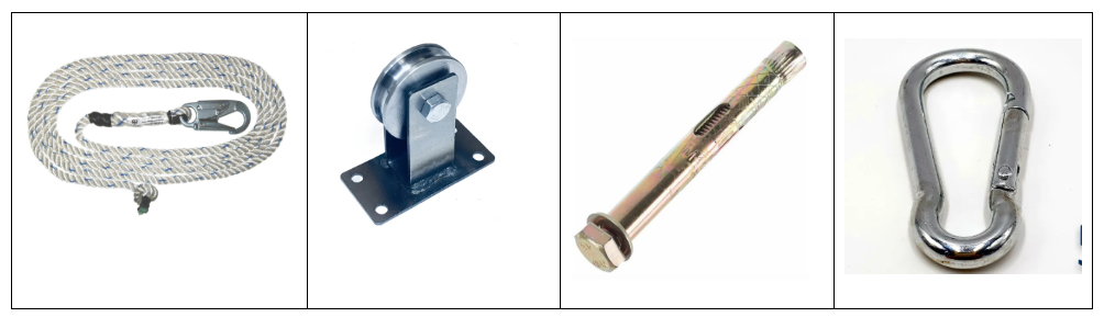 На фото: 1. Веревка с карабином. 2. Блок (шкив) с крепежной площадкой. 3. Анкерный болт. 4. Карабин. Такие изделия есть в любом хозмаге. А вы уже видели их в своем?