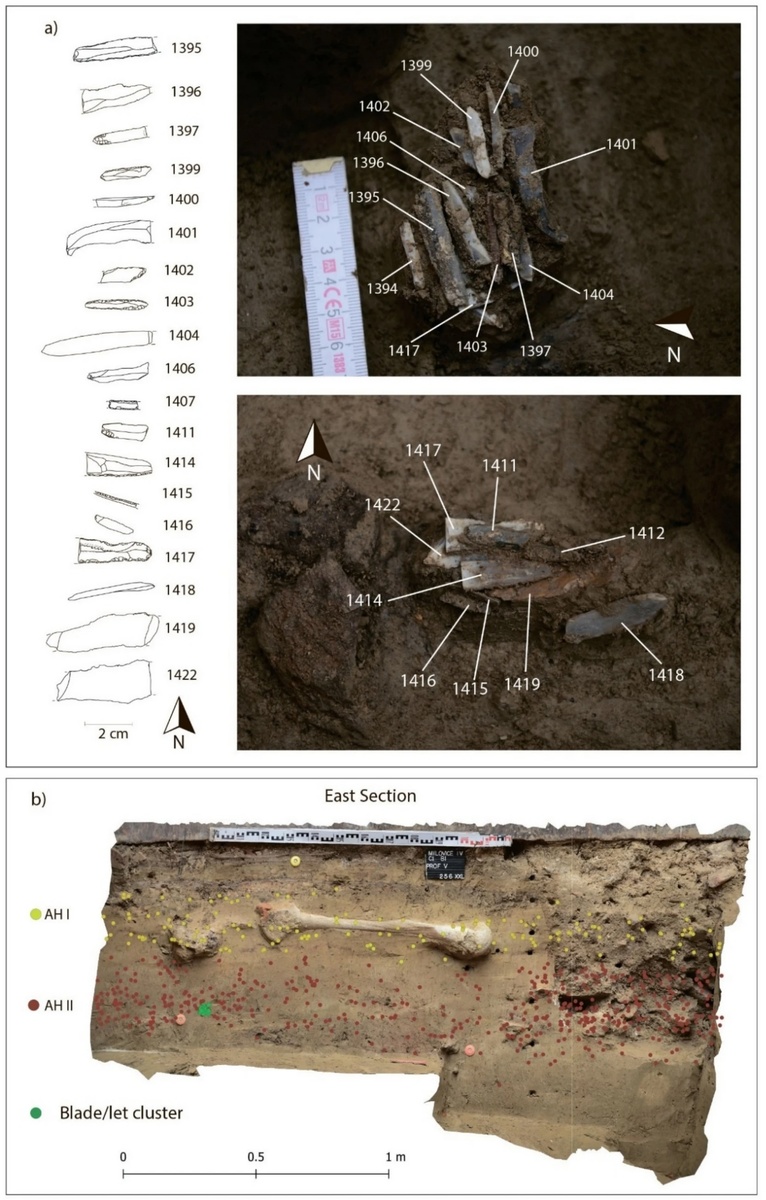 а. Скопление орудий на месте залегания; две фазы раскопок; схематические рисунки слева показывают точную ориентацию артефактов внутри скопления (с ориентацией запад-восток, вид сверху). b. Скопление пластин вместе с другими находками в восточной части Миловице  IV (вертикальная проекция). Место скопления отмечено зеленым цветом.