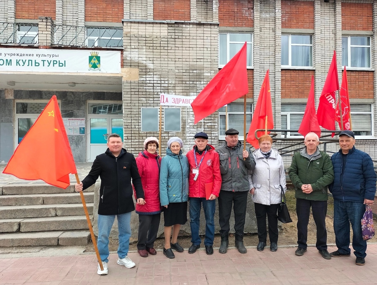 Коммунисты Пудожской районной организации на митинге. С флагом (слева) Сергей Карпов. 