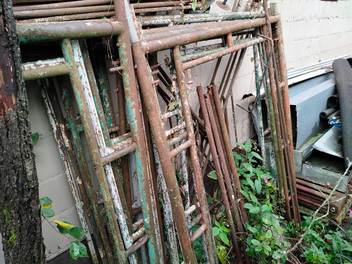 Строительные леса около гаража. Наш сад. Фото автора @Маша Генералова