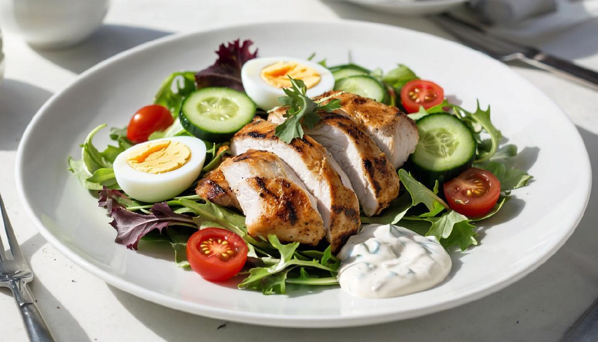 Белковый салат с куриной грудкой, яицами, огурцом, помидорами черри, зеленью, заправленный греческим йогуртом