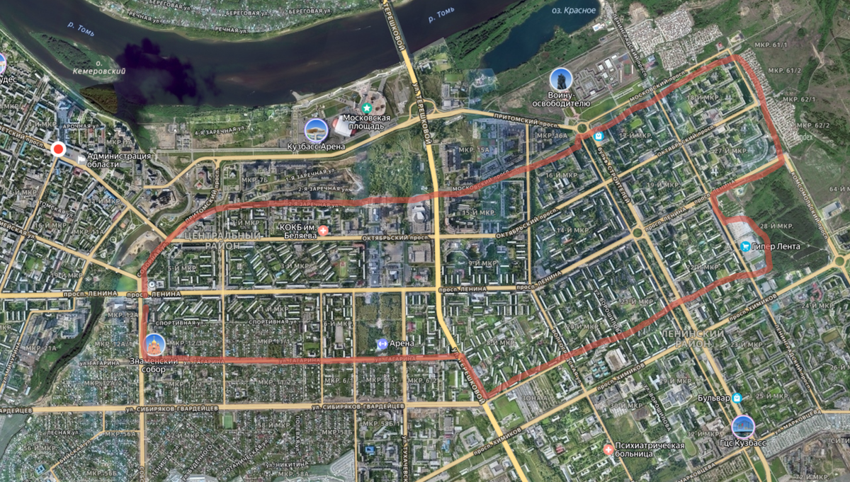 Внутри отмеченной зоны потенциальные пользователи трамвая, если участок от цирка до конца пр. Ленина будет построен