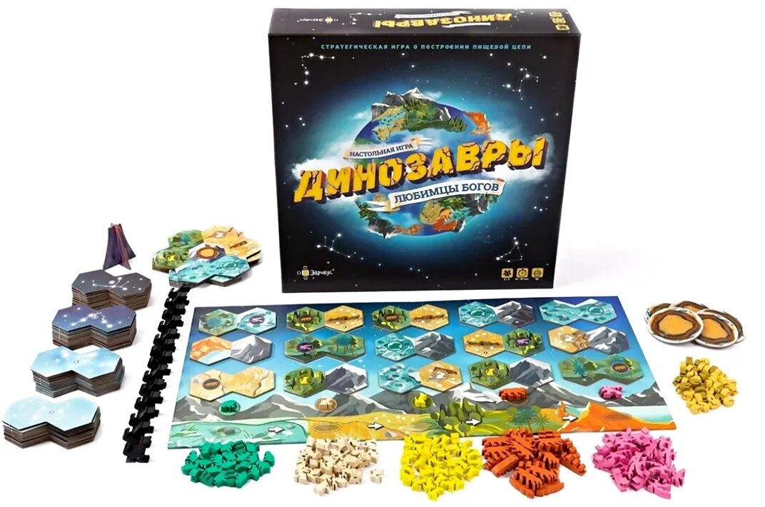 Содержимое коробки с настольной игрой "Динозавры: любимцы богов"