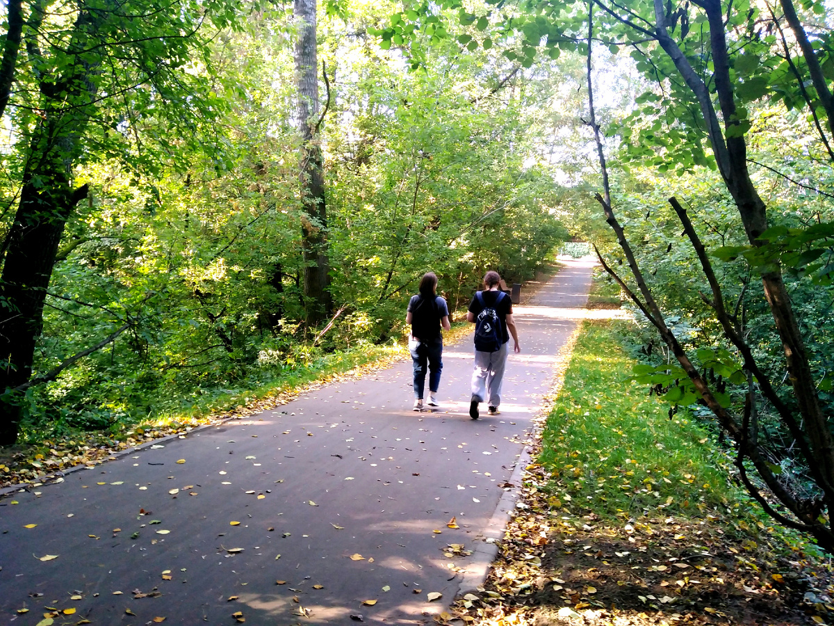 ⬆️🌲🎞️  Девчата идут по Лесному проезду / ховринская территория ул.белинского в центральной части химкинского лесопарка ... / в сторону путепровода мкад на "БАНДИТКУ", тоесть в северную, подмосковную часть Химкинского лесопарка... И идут они сейчас по так называемому - "ЧЁРТОВОМУ МОСТУ", в том самом месте, где проезд пересекает ОВРАГ-БАЛКУ, который ещё недавно имел статус ООПТ (((. Да, да, когда-то через ВОРОСЬЕВ РУЧЕЙ = РЕЧКУ ВОРОБЬЁВКА был МОСТИК !) N. B. > Если географически более подробно, то идут девчата от Прибрежного проезда, который и теперь, и раньше, когда назывался Лесной улицей, разделяет первый и второй лес, берёзовый и сосновый, южную и центральную части лесопарка... Посмотрите на картах ... Авторские фото Михаила Соловьёва за сентябрь 2025 г.       ⬆️ 🌲 🎞️ ⬇️