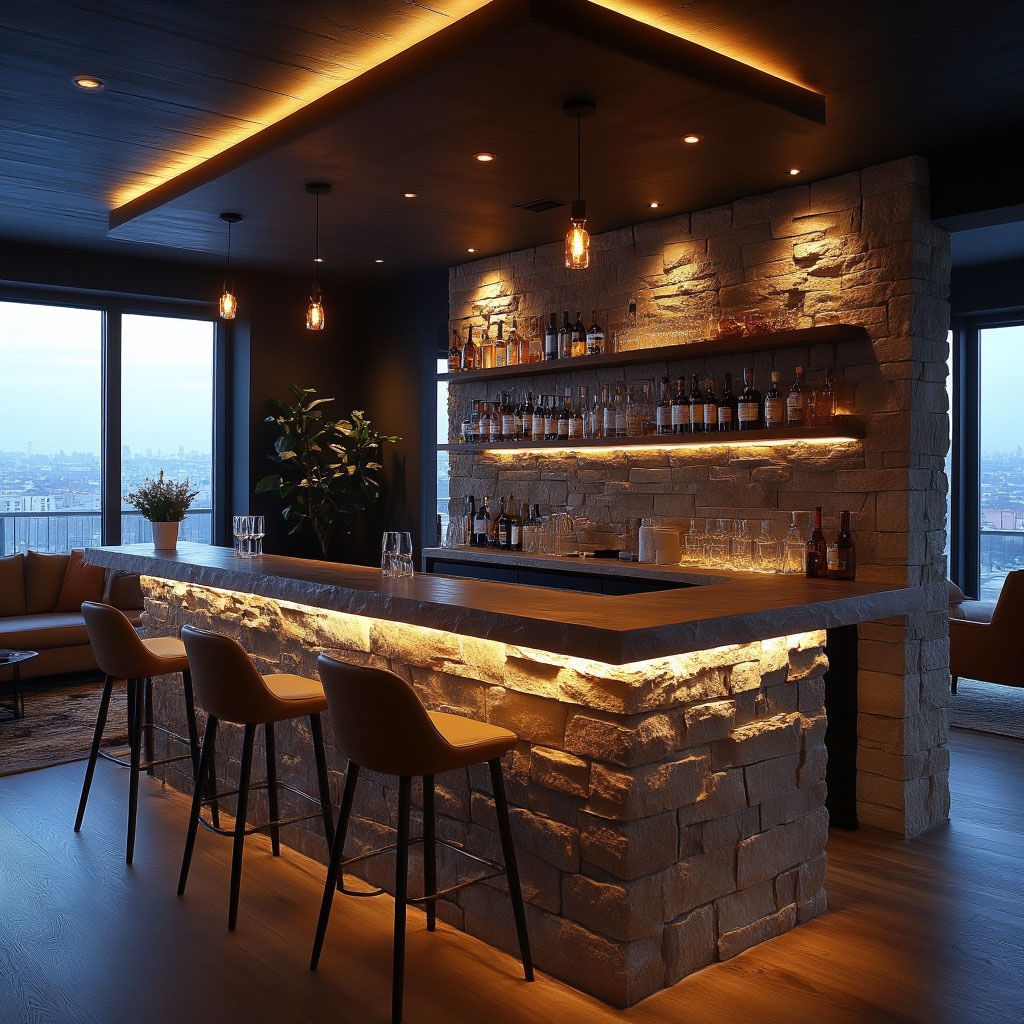 Барная стойка в гостиной, облицованная декоративным камнем с подсветкой. 🍹 Барная стойка из искусственного камня станет центром притяжения гостей.