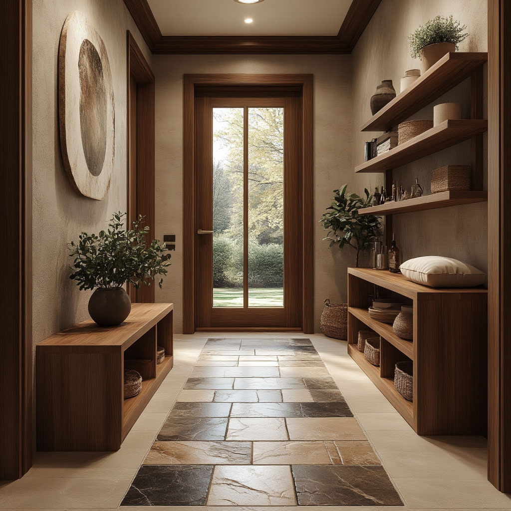 Маленькая прихожая с напольной отделкой декоративным камнем и деревянными полками. 👜 Даже маленькая площадь приобретает шикарный облик благодаря отделке пола декоративным камнем.