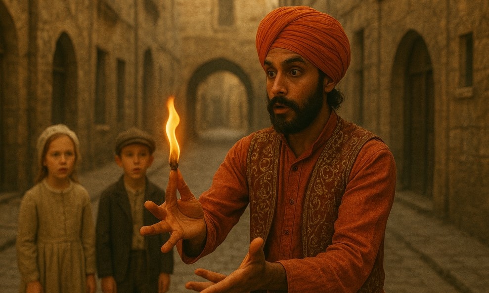 Однажды, став свидетелем выступления бродячего факира, Олас загорелся желанием научиться показывать фокусы