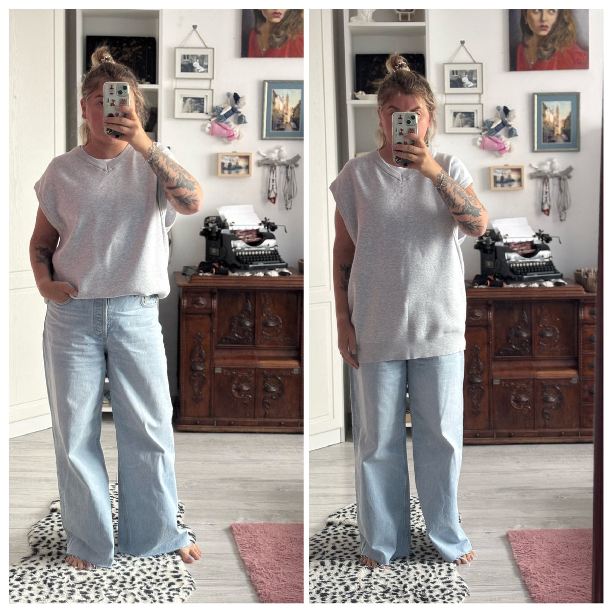 Не советую носить жилет в полную длину, если только вы не хрупкая статуэтка с длинными ногами. Лучше отрегулировать длину по линии пояса. 