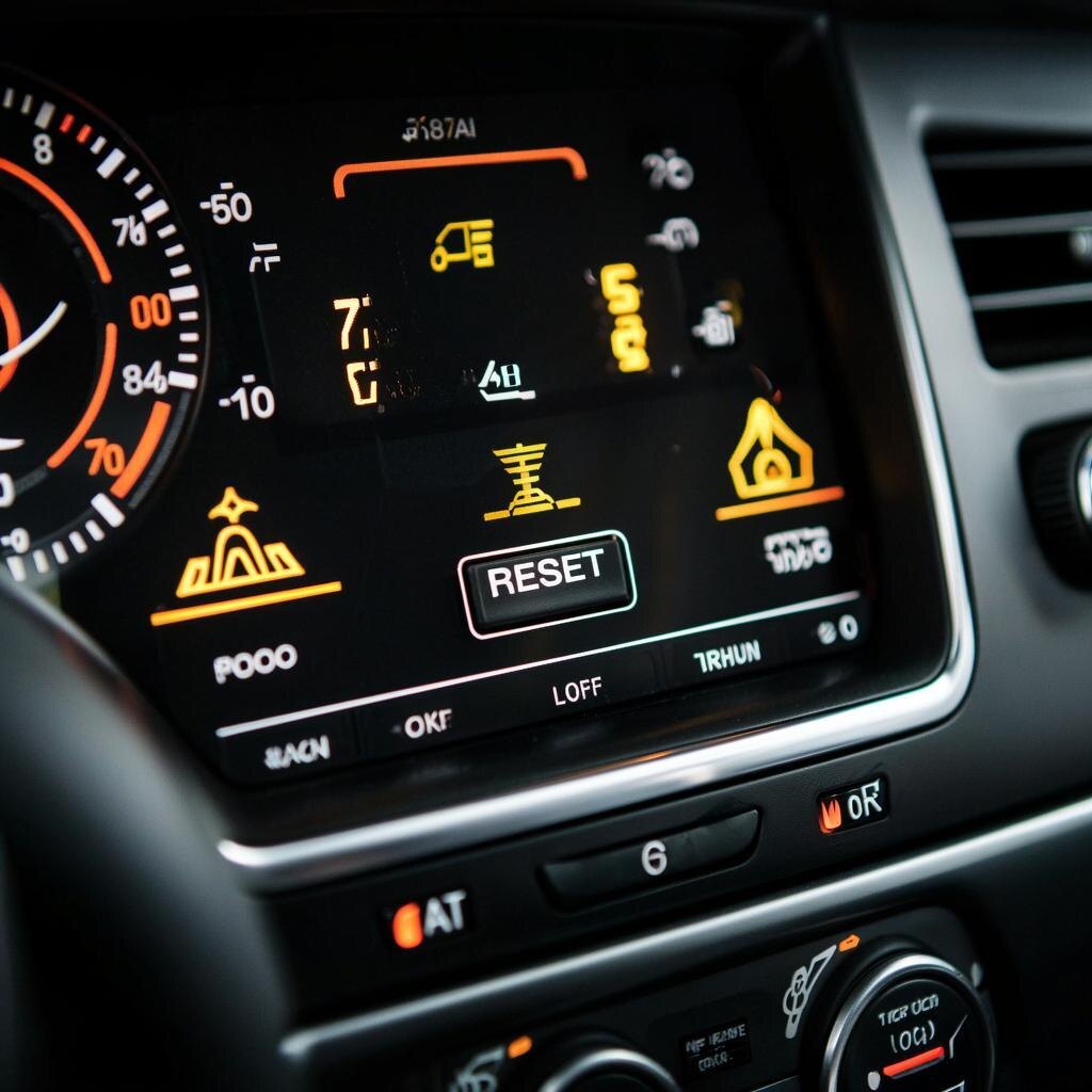 Иллюстрация показывает приборную панель автомобиля с активированными контрольными лампочками и кнопкой сброса настроек.