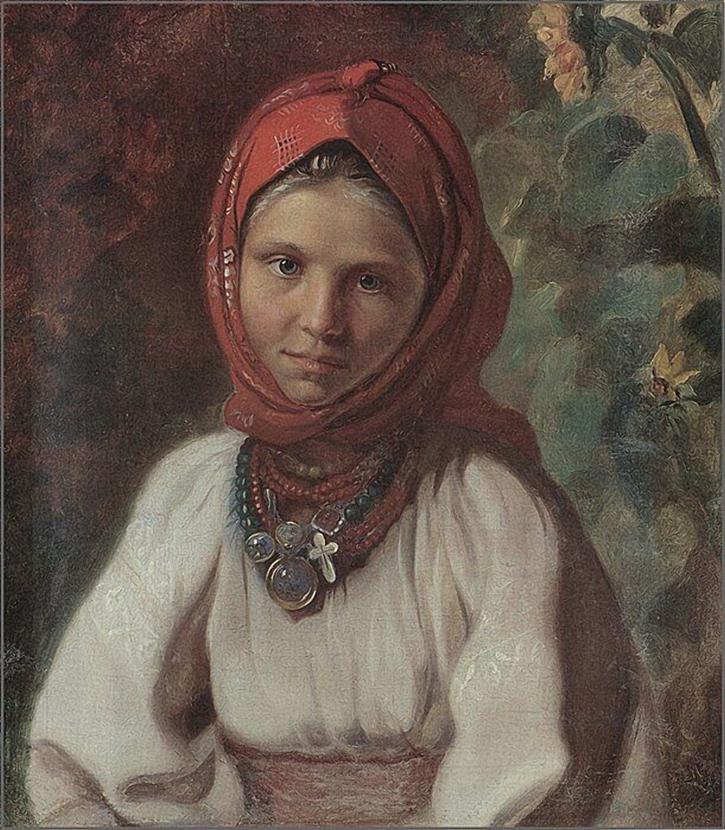 Репродукция картины Константина Егоровича Маковского "Девочка в красном платке"