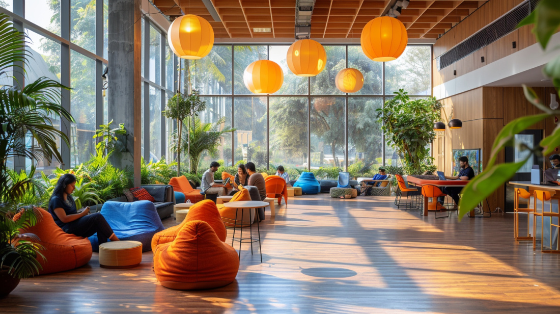 Современный индийский офис: где креативность рождается среди ярких пуфов и тропических растений. Здесь нет строгих костюмов и закрытых кабинетов — только открытые пространства, где идеи текут так же свободно, как солнечный свет через панорамные окна.