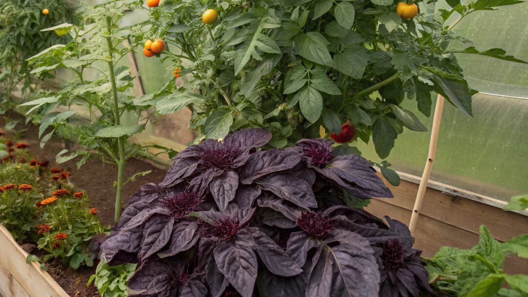 Бархатцы и базилик в теплице