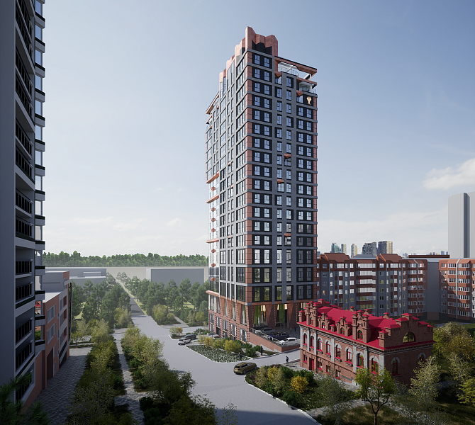    Рендер будущей высотки, кирпичная двухэтажка справа - это дом Шереметьевых