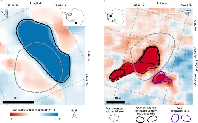 Данные со спутника CRISOSAT-2 об изменении поверхности подледной воды в одном из озер с начала 2017 года до середины 2020 года