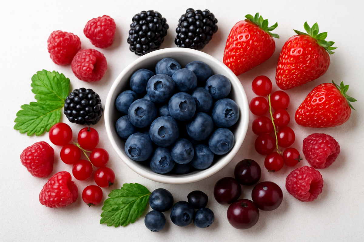 Ассорти свежих ягод на светлом фоне: голубика в белой пиале в центре, окружённая клубникой, ежевикой, малиной, смородиной и вишней. Полезные ягоды для здоровья и красоты, источник витаминов, антиоксидантов и клетчатки. Ягоды для ежедневного рациона для укрепления иммунитета, молодости кожи и энергии.