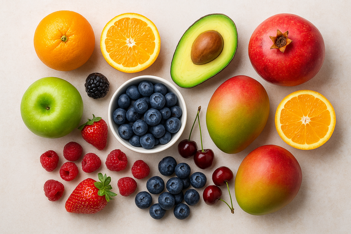 Яркое ассорти свежих фруктов для здоровой и сияющей кожи: апельсины, зелёное яблоко, авокадо, гранат, манго, черешня, клубника, малина, голубика и ежевика. Натуральные витамины и антиоксиданты, помогающие поддерживать молодость и красоту кожи