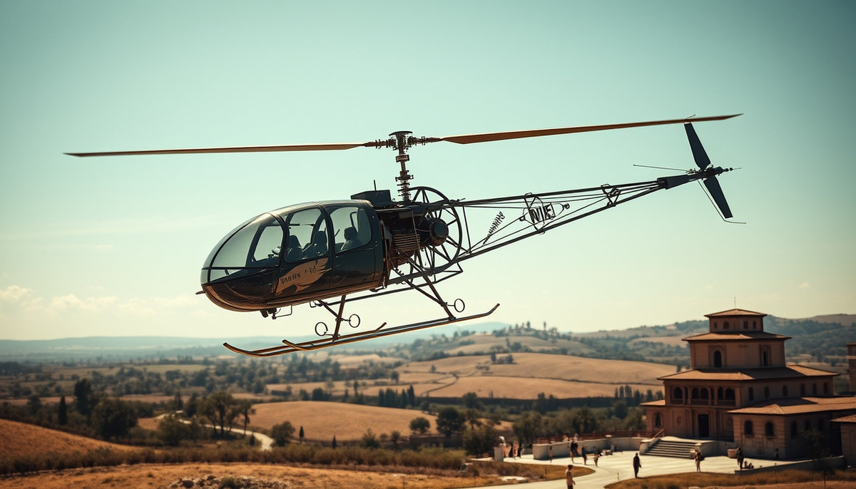    Изображение, иллюстрирующее концепцию летающего устройства, разработанного Леонардо да Винчи, с воздухом вокруг и размером, подходящим для эпохи Ренессанса.