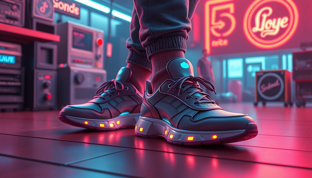    Изображение, демонстрирующее пару кроссовок, которые сами завязывают шнурки, с футуристическим фоном, напоминающим 80-е годы.