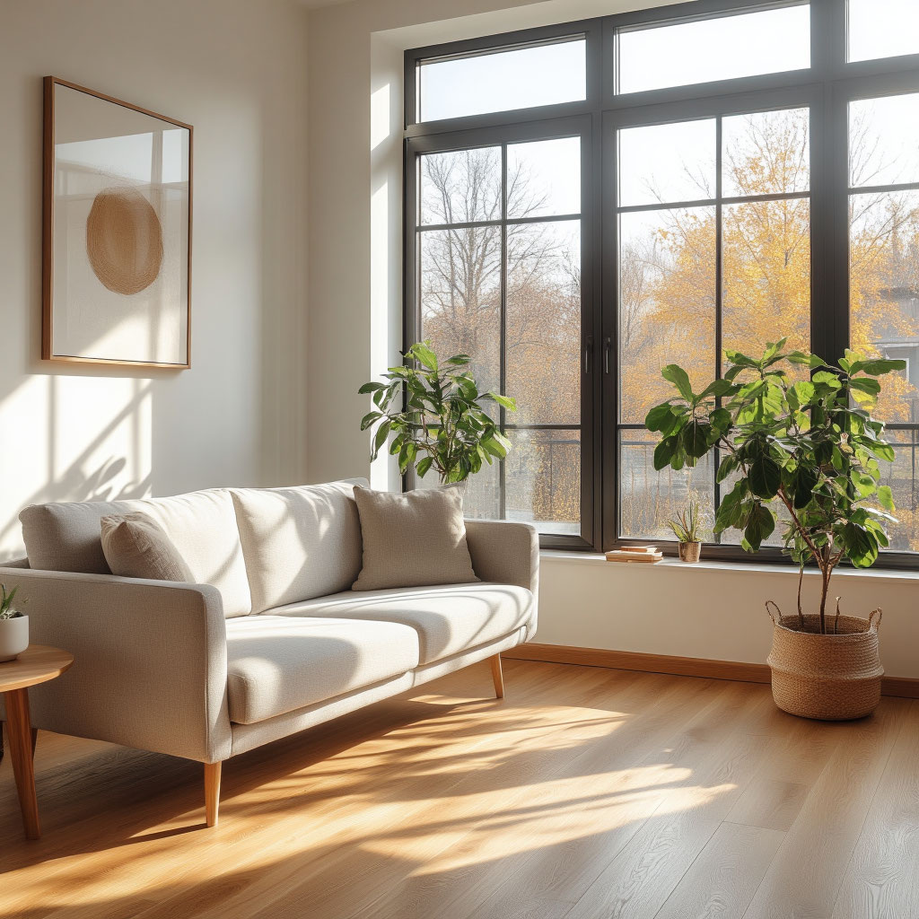 Светлая современная комната с большим окном, на полу уложен ламинат под дуб, тёплый натуральный оттенок. В комнате минималистичная мебель: диван светло-серого цвета, небольшой столик и зелёное комнатное растение. Атмосфера уютная, дневное солнечное освещение, стиль современный скандинавский интерьер.