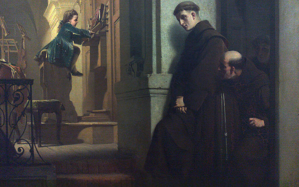 Юный Моцарт впервые играет на органе в сентябре 1762 года во францисканской церкви в Иббсе, Нижняя Австрия (фрагмент). Создано 1864. Художник: Генрих Лоссов (1843–1897). Источник: Музей замка (Линц). Фотограф mozart.com.