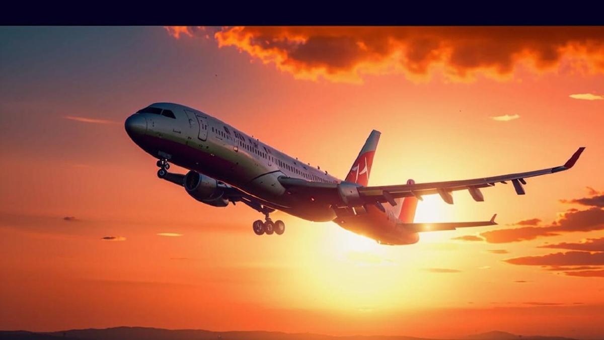 Самолет взлетает в небо.  Фото: Изображение сгенерерировано нейросетью Kandinsky 3.1