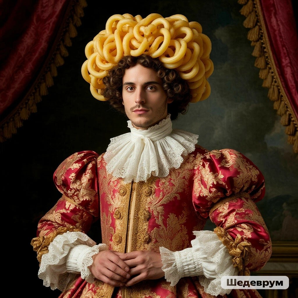 ИИ мне вот такой костюм выдает на запрос "костюм макарон в стиле барокко" 🤣🤣🤣