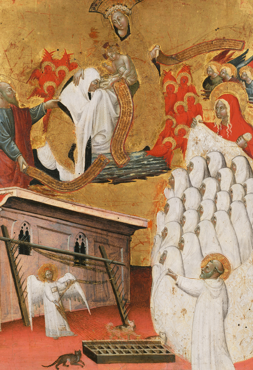 Санта-Франческа-Романа
Святая Франческа Римская (1384-1440) основала общество Oblates of Mary, женскую ассоциацию, связанную с бенедиктинским орденом оливетанцев. Члены общества, как и монахи, носили белые одеяния, которые, по преданию, были дарованы Франческе самой Девой Марией в знак чистоты и отказа от мирских благ.
Массаро, Santa Francesca Romana Clothed by the Virgin, ок. 1480. Нью-Йорк, Музей Метрополитен.