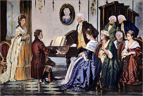 Моцарт и Бетховен. До 1890 г. Художник Август Боркманн (1827–1890). Источник: 	https://img.posterlounge.co.uk/images/wbig/poster-beethoven-und-mozart-1787-351941.jpg.