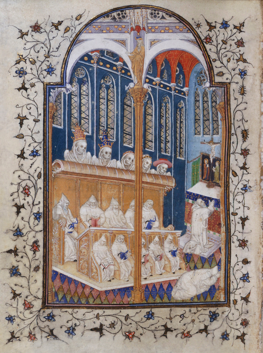 Масса для мертвых
В начале XV века белое одеяние носили не только цистерцианцы. Картузианцы, оливетанцы и множество других, более молодых орденов также придерживались этой традиции. Однако представленная миниатюра посвящена именно цистерцианским монахам, совершающим мессу в память о выдающихся деятелях своего ордена.
Псалтирь короля Англии Генриха VI, Париж, ок. 1405-10. Лондон, Британская библиотека, MS Coton, Домициен А. XVII., фолио 150 версо.
