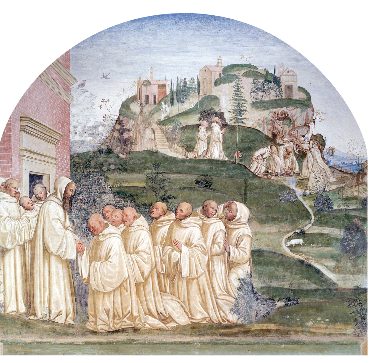 Белые одежды оливетанцев
Оливетаны, бенедиктинский орден, основанный Бернардо Толомеем в 1313 году близ Сиены, получили свое название от горы Монте-Оливето, где располагался их первый скит. Папа Климент VI официально признал конгрегацию в 1344 году. Монахи этого ордена, носящие белые одежды, являются частью бенедиктинской традиции.
Il Sodoma, Saint Benedict Lets a Spring Appear, ок. 1530-35. Роспись в монастыре аббатства Монте Оливето Маджоре (южная стена), Тоскана, Италия.