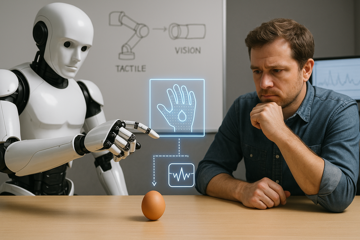 Лабораторная сцена: инженер наблюдает, как гуманоидная рука пытается взять куриное яйцо. На мониторе — видеопоток и графики без стабильной тактильной обратной связи. Образ подчёркивает тезис Брукса: обучение «по картинке» даёт недостаточную ловкость для тонких манипуляций.